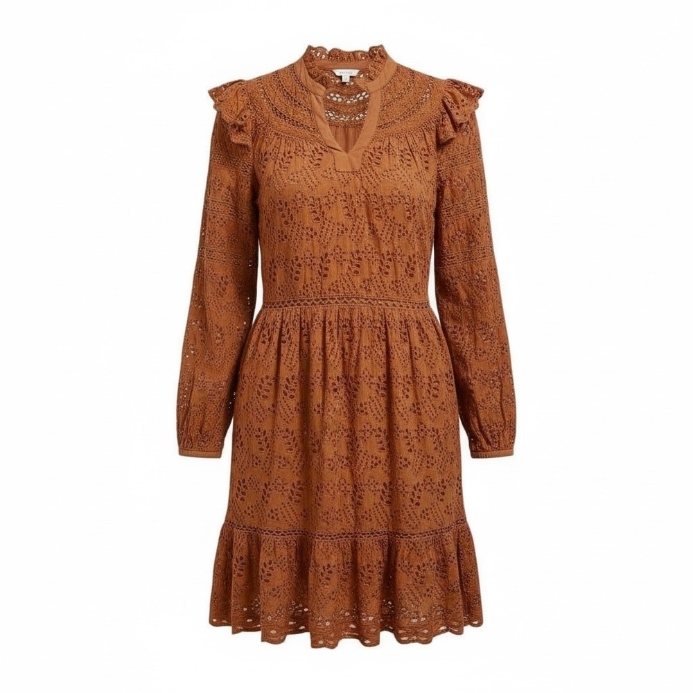 AE77 LARGE Rust/Brown‎ Eyelet Ruffled Boho Country Long Sleeve Dress NWT